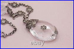 Vintage Art Deco Faceted Crystal Drop Silver Filigree Pendant Choker Necklace