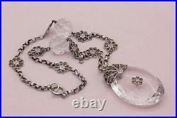 Vintage Art Deco Faceted Crystal Drop Silver Filigree Pendant Choker Necklace