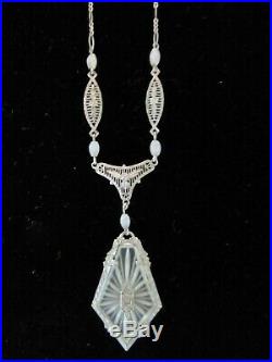 Vintage Art Deco Filigree Camphor Glass Pendant Necklace