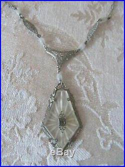 Vintage Art Deco Filigree Camphor Glass Pendant Necklace
