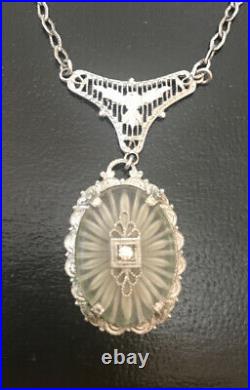 Vintage Art Deco Filigree Camphor Glass & Stone Lavaliere Pendant Necklace