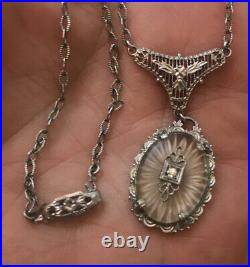 Vintage Art Deco Filigree Camphor Glass & Stone Lavaliere Pendant Necklace
