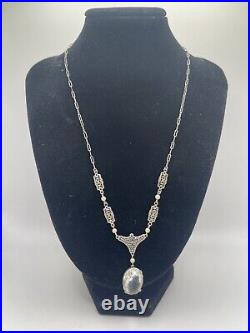 Vintage Art Deco Filigree Silver Tone Glass Pendant Necklace