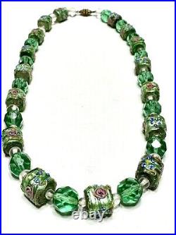 Vintage Art Deco Fiorano Murano Glass Green Square Wedding Cake Bead Necklace
