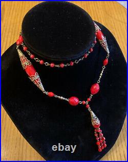 Vintage Art Deco Flapper Style Sautoir necklace Ornate Brass & Lipstick Red Bead