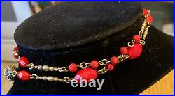 Vintage Art Deco Flapper Style Sautoir necklace Ornate Brass & Lipstick Red Bead