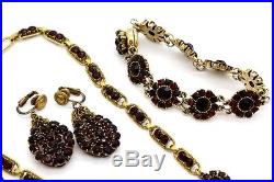 Vintage Art Deco Garnet Glass Bohemian Brooch Bracelet Necklace Earrings Set WED