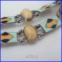 Vintage Art Deco Glass Geometric Enamel Modernist Silvertone Necklace