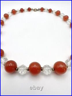 Vintage Art Deco Graduating Carnelian & Faceted Clear Crystal Necklace