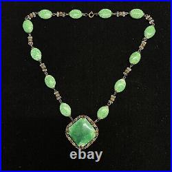 Vintage Art Deco Green Faux Peking Glass Czech Brass Beaded Necklace