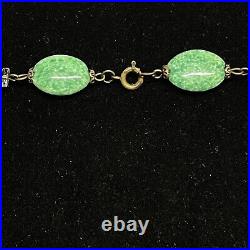 Vintage Art Deco Green Faux Peking Glass Czech Brass Beaded Necklace