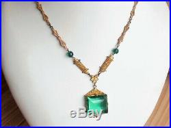 Vintage Art Deco Green Glass & Enameled Brass Lavalier Necklace