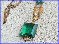 Vintage Art Deco Green Glass & Enameled Brass Lavalier Necklace