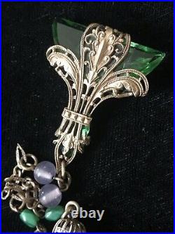 Vintage Art Deco Green Lavender Stones Ornate Brass Necklace
