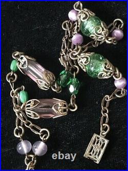 Vintage Art Deco Green Lavender Stones Ornate Brass Necklace