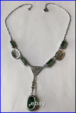 Vintage Art Deco Green Rhinestone Filigree Necklace