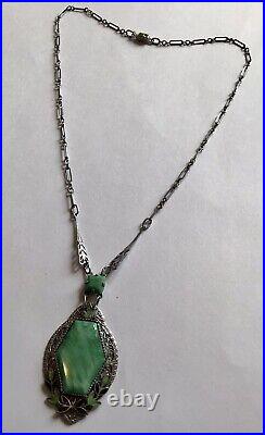 Vintage Art Deco Green Rhinestone Pendant Filigree And Enameled Necklace