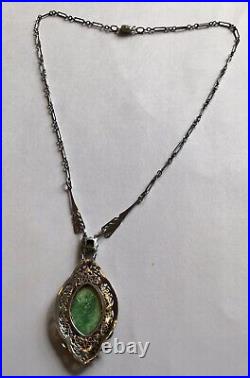 Vintage Art Deco Green Rhinestone Pendant Filigree And Enameled Necklace