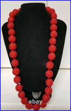 Vintage Art Deco Hand Car ved Natural Red Cinnabar 15mm Bead Necklace Shou Beads
