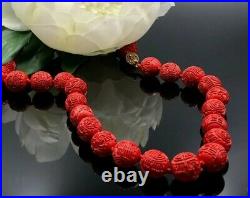 Vintage Art Deco Hand Car ved Natural Red Cinnabar 15mm Bead Necklace Shou Beads