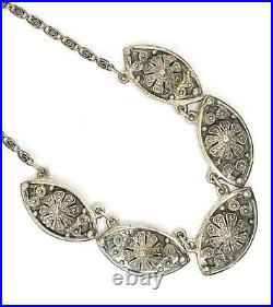 Vintage Art Deco Handmade Silver Necklace Floral Hat Shape Signed FANA 16