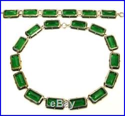 Vintage Art Deco Huge Green Crystal Necklace Bracelet Set