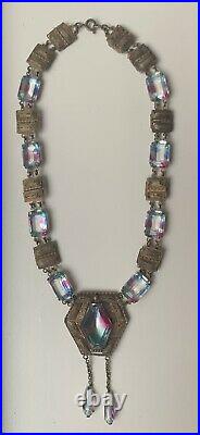 Vintage Art Deco IRIS Czech Glass Open Back Pendant Dangle Filigree Necklace