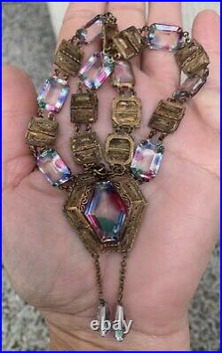 Vintage Art Deco IRIS Czech Glass Open Back Pendant Dangle Filigree Necklace