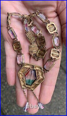 Vintage Art Deco IRIS Czech Glass Open Back Pendant Dangle Filigree Necklace