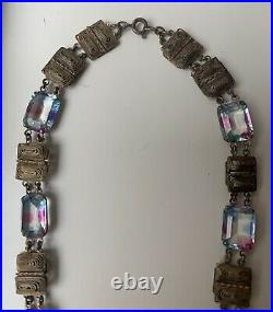 Vintage Art Deco IRIS Czech Glass Open Back Pendant Dangle Filigree Necklace