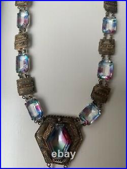 Vintage Art Deco IRIS Czech Glass Open Back Pendant Dangle Filigree Necklace