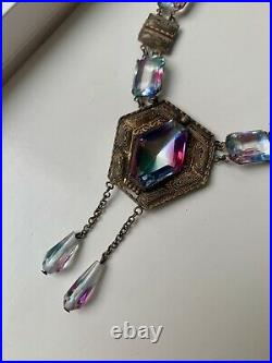 Vintage Art Deco IRIS Czech Glass Open Back Pendant Dangle Filigree Necklace