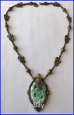 Vintage Art Deco Jade Green Pendant With Ornate Chain Necklace
