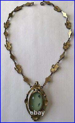 Vintage Art Deco Jade Green Pendant With Ornate Chain Necklace