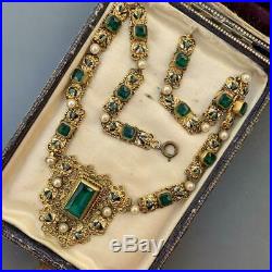 Vintage Art Deco Jazz Era Czech Hungarian Enamel Emerald Glass Pendant Necklace
