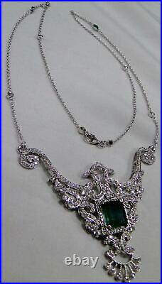 Vintage Art Deco Large 12.00CT Emerald & 5.15CT Shiny CZ Gorgeous Chain Necklace