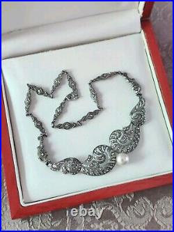 Vintage Art Deco Marcasite Sterling Silver Chocker Necklace Pearl Fabulous