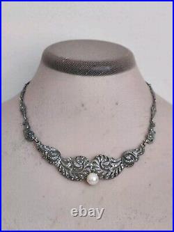 Vintage Art Deco Marcasite Sterling Silver Chocker Necklace Pearl Fabulous