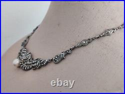 Vintage Art Deco Marcasite Sterling Silver Chocker Necklace Pearl Fabulous