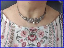 Vintage Art Deco Marcasite Sterling Silver Chocker Necklace Pearl Fabulous