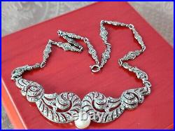 Vintage Art Deco Marcasite Sterling Silver Chocker Necklace Pearl Fabulous