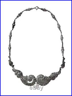 Vintage Art Deco Marcasite Sterling Silver Chocker Necklace Pearl Fabulous