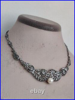 Vintage Art Deco Marcasite Sterling Silver Chocker Necklace Pearl Fabulous