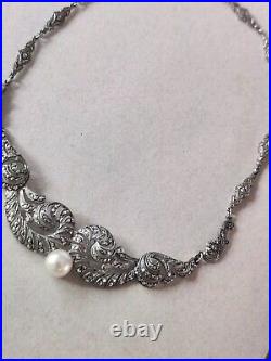 Vintage Art Deco Marcasite Sterling Silver Chocker Necklace Pearl Fabulous