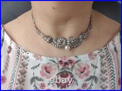 Vintage Art Deco Marcasite Sterling Silver Chocker Necklace Pearl Fabulous