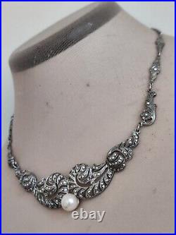 Vintage Art Deco Marcasite Sterling Silver Chocker Necklace Pearl Fabulous