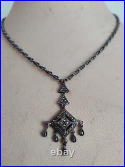 Vintage Art Deco Marcasite Sterling Silver Fringes Necklace With Garnet Fabulous