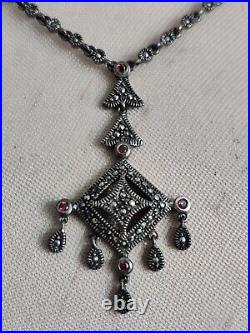 Vintage Art Deco Marcasite Sterling Silver Fringes Necklace With Garnet Fabulous