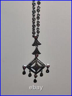 Vintage Art Deco Marcasite Sterling Silver Fringes Necklace With Garnet Fabulous