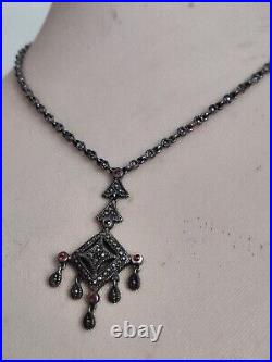 Vintage Art Deco Marcasite Sterling Silver Fringes Necklace With Garnet Fabulous